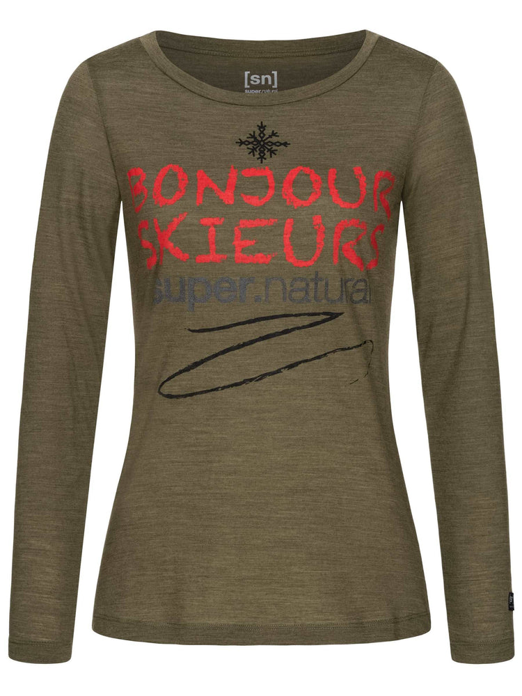Bonjour Skieur - Damen Langarmshirt | aus Merino Wollmix mit Print - Grün - Damen Shirt Winter - Super Natural - Sportrabatt